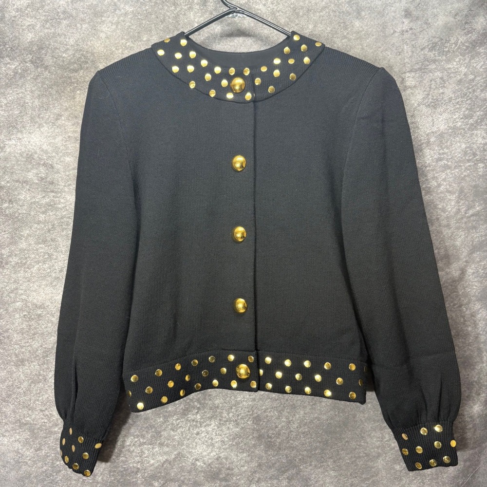 St John Santana Knit Jacket Cardigan Size 8 Black Gold Studded Button Old Money